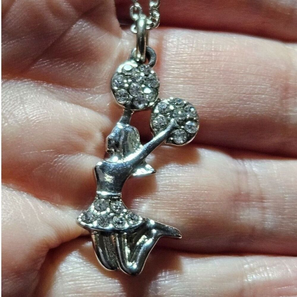 Silver Tone Cheerleader Pendant Necklace Cheer Poms Clear Rhinestone 18-20.5"